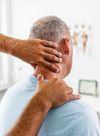 A physiotherapist is touching the back of a patient's neck. 
